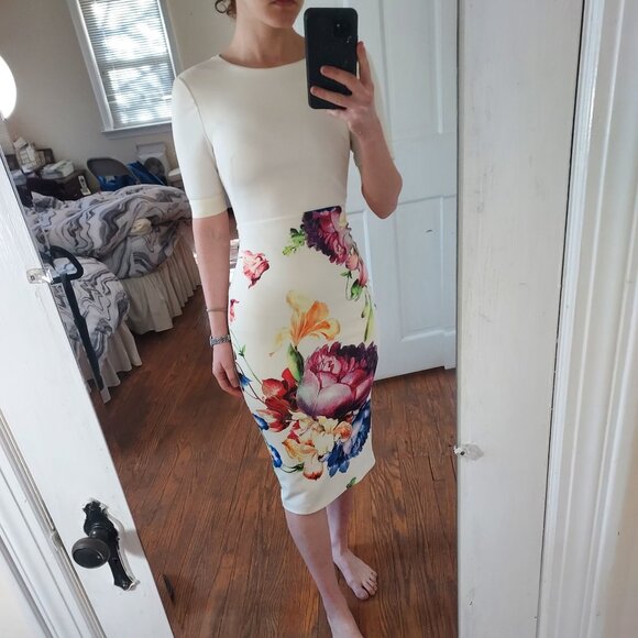 Ted Baker White Midi Floral Aldora Bodycon Dress - Picture 1 of 10